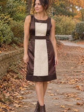 BCBG Paris Colorblock Satin Jacquard Cocktail Shift Dress 8 Brown